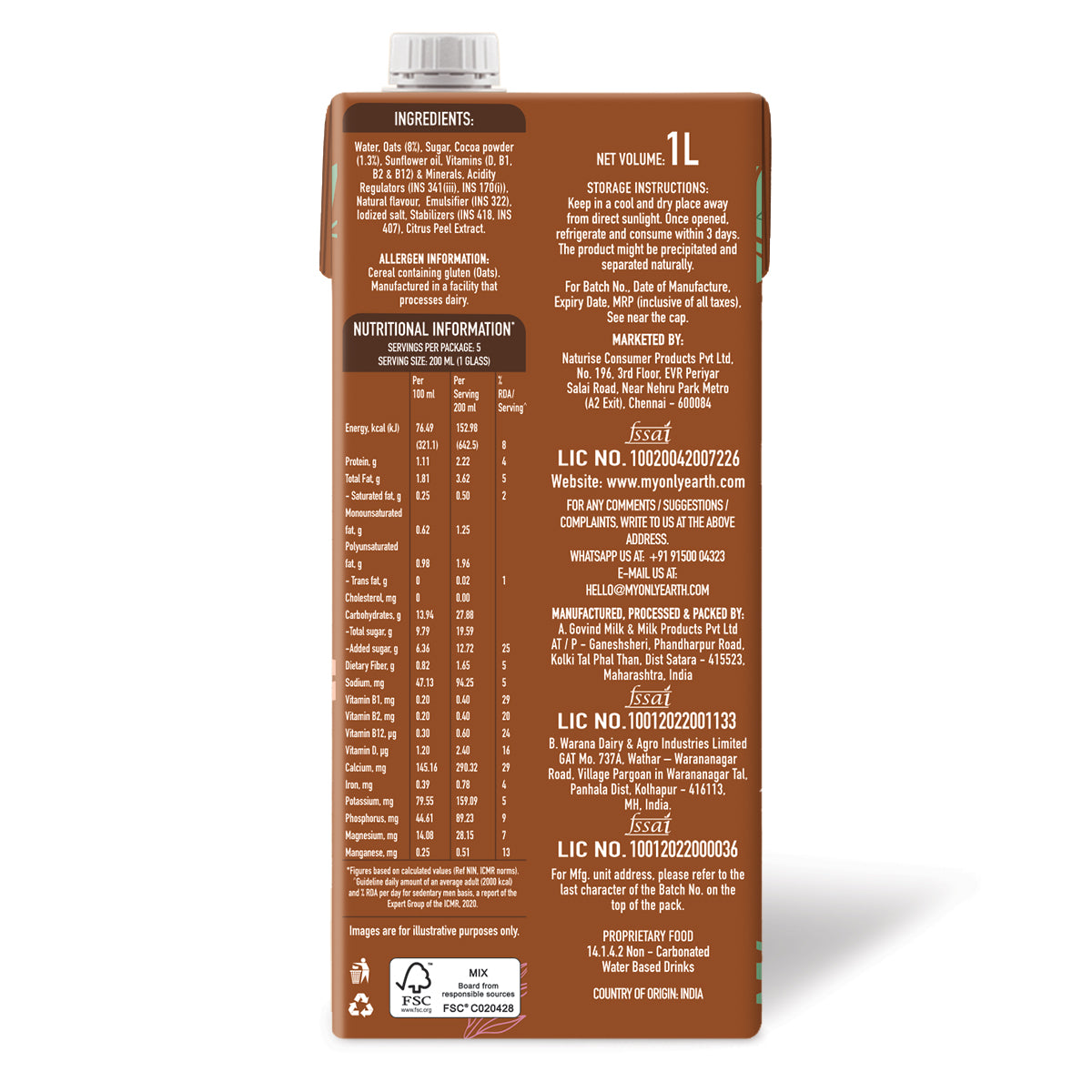 Only Earth Oats Shake Belgian Chocolate 1L