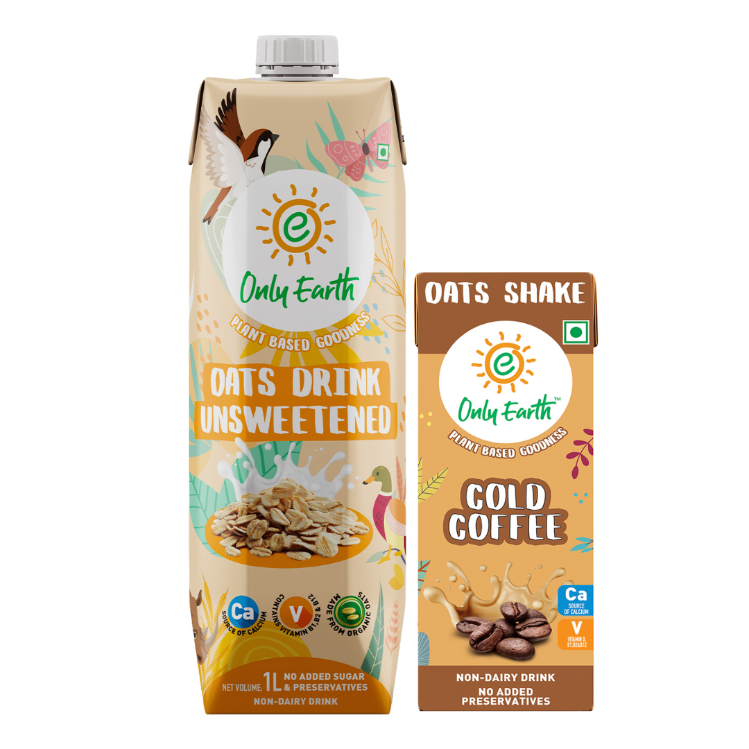 Only Earth Oats Beverage Unsweetened, Non-Dairy Drink, Lactose Free(1l) & Only Earth Oats Cold Coffee Plant-Based Shake(200ml) Combo