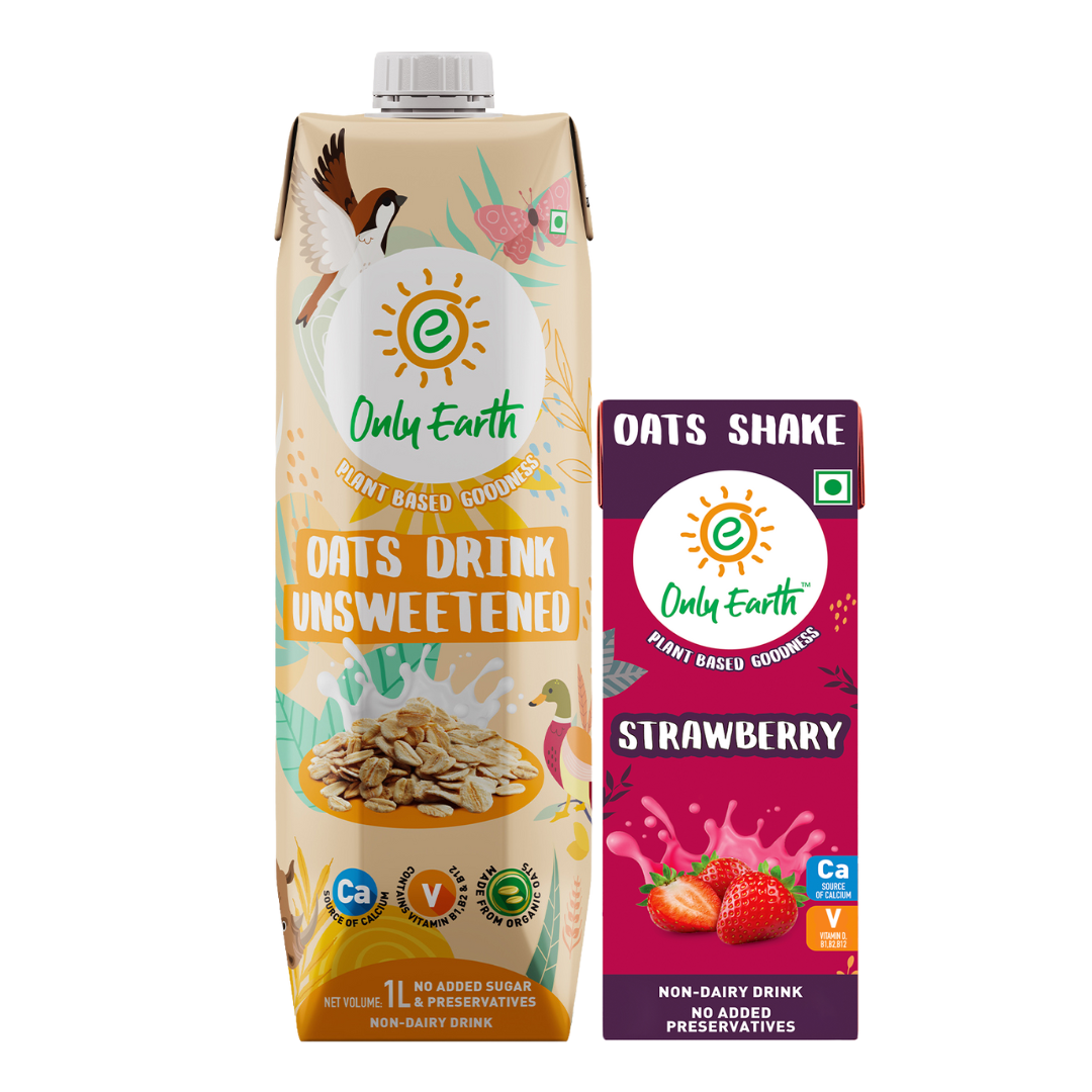 Only Earth Oats Beverage Unsweetened, Non-Dairy Drink, Lactose Free(1l) & Only Earth Oats Strawberry Plant-Based Shake(200ml) Combo