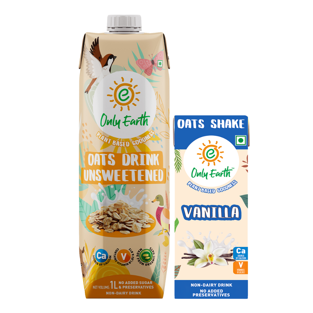 Only Earth Oats Beverage Unsweetened, Non-Dairy Drink, Lactose Free(1l) & Only Earth Oats Vanilla Plant-Based Shake(200ml) Combo