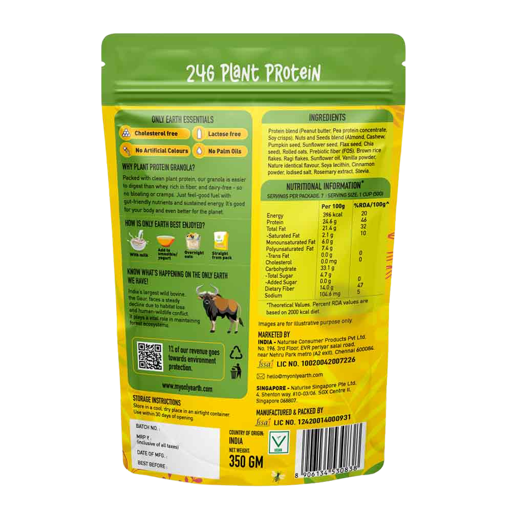 Only Earth Protein Granola | Nuts & Seeds | 24g Plant Protein | High Fiber | No Added Sugar | Dairy-Free | With Almonds, Cashews, Pumpkin Seeds, Flax & Chia | 350g