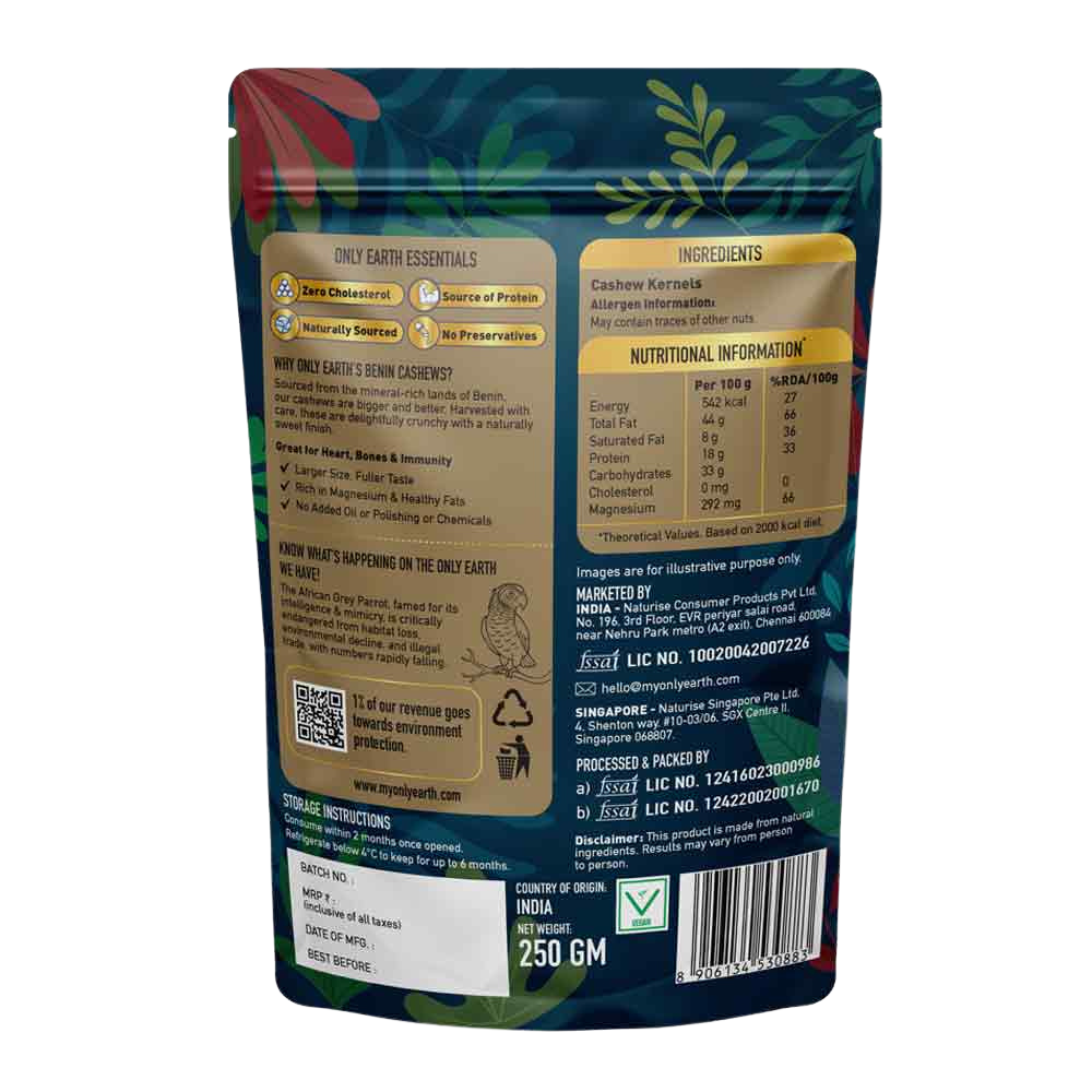 Only Earth Benin Cashews | Premium Large Size | Naturally Sweet & Crunchy | Rich in Magnesium & Healthy Fats | Zero Cholesterol | No Preservatives | Sourced from Benin | 250g