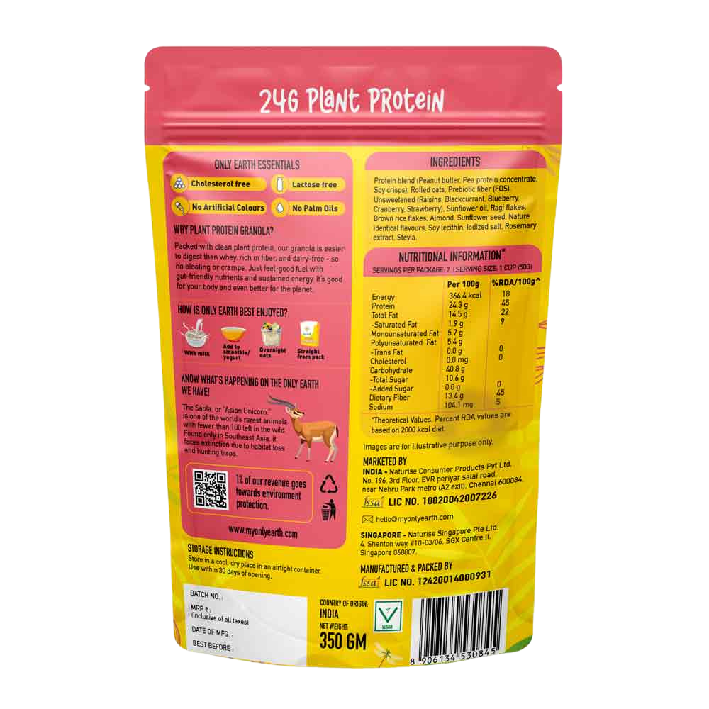 Only Earth Protein Granola | Mixed Berries | 24g Plant Protein | High Fiber | No Added Sugar | Dairy-Free | With Blueberry, Cranberry, Strawberry, Raisins & Nuts | 350g