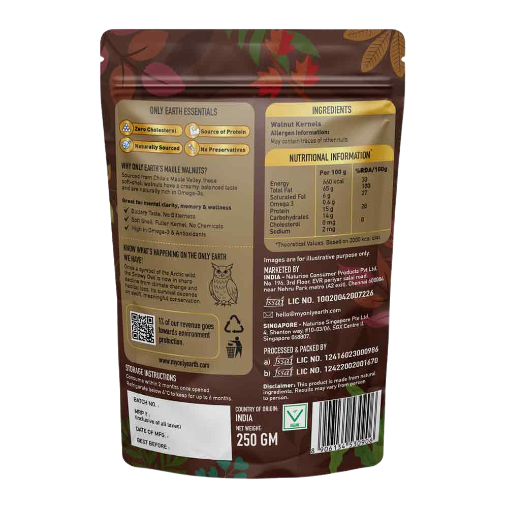 Only Earth Maule Walnuts | Premium Soft Shell | Rich in Omega-3 & Antioxidants | Creamy & Balanced Taste | Zero Cholesterol | No Preservatives | Sourced from Chile | 250g