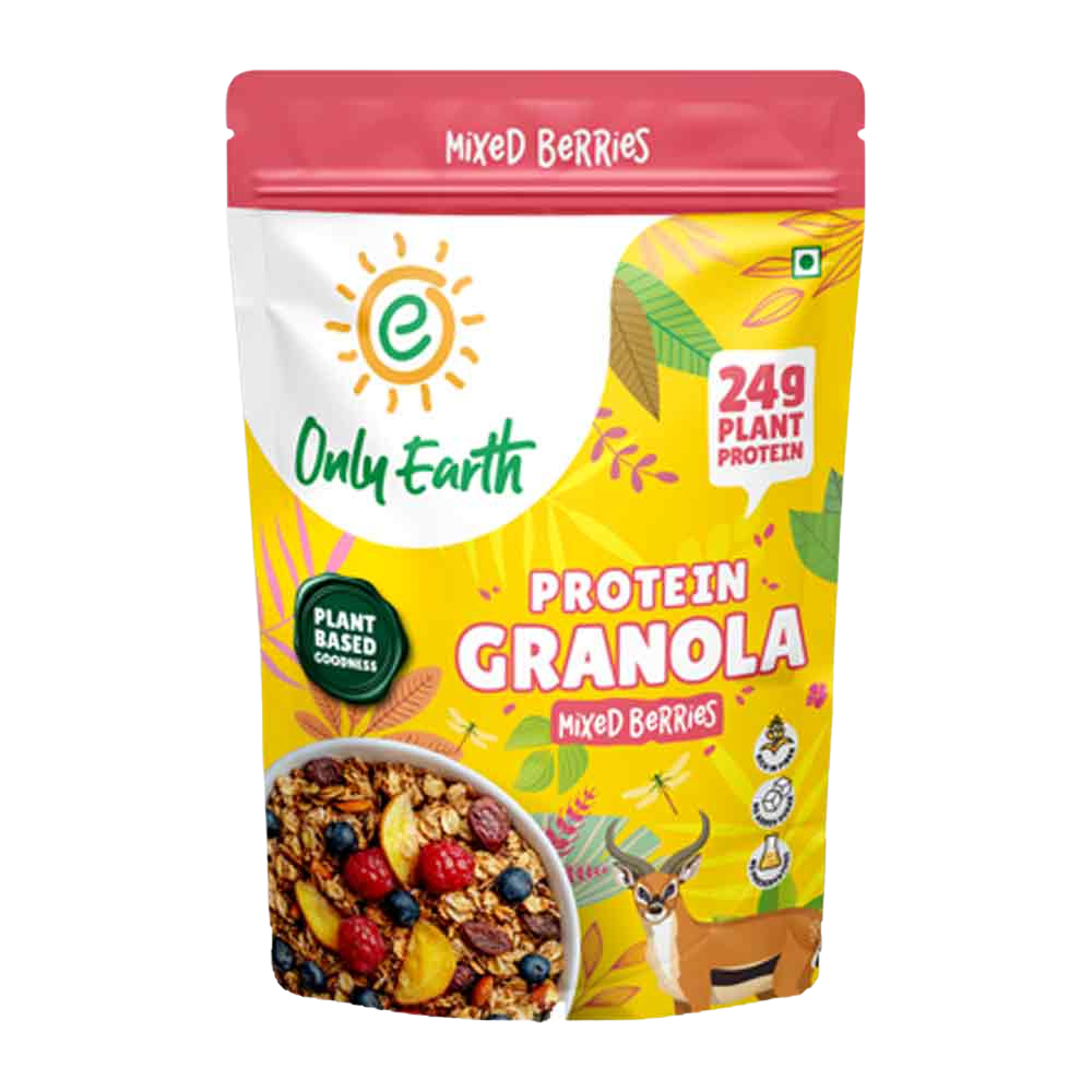 Only Earth Protein Granola | Mixed Berries | 24g Plant Protein | High Fiber | No Added Sugar | Dairy-Free | With Blueberry, Cranberry, Strawberry, Raisins & Nuts | 350g