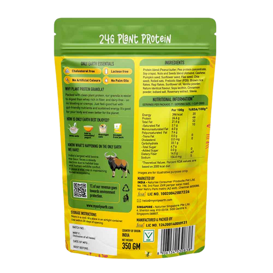 Only Earth Protein Granola | Nuts & Seeds | 24g Plant Protein | High Fiber | No Added Sugar | Dairy-Free | With Almonds, Cashews, Pumpkin Seeds, Flax & Chia | 350g