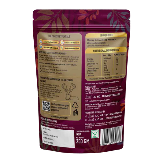 Only Earth Mamra Almonds | Premium Handpicked | 2X Natural Oil | Nutrient-Dense | No Preservatives | Naturally Grown in Iran, Afghanistan & Kashmir | Plant-Based Protein & Brain Fuel | 250g