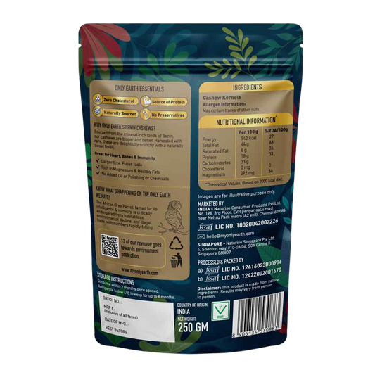 Only Earth Benin Cashews | Premium Large Size | Naturally Sweet & Crunchy | Rich in Magnesium & Healthy Fats | Zero Cholesterol | No Preservatives | Sourced from Benin | 250g