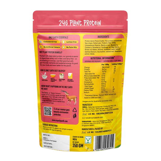 Only Earth Protein Granola | Mixed Berries | 24g Plant Protein | High Fiber | No Added Sugar | Dairy-Free |  With Blueberry, Cranberry, Strawberry, Raisins & Nuts | 350g