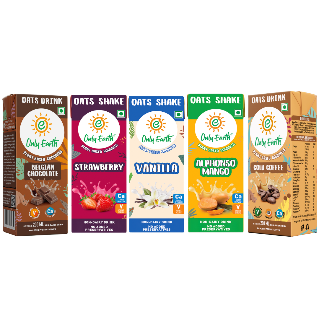 Only Earth Oat Shakes – Awesome Variety Pack of 5 (200ml each) | Belgian Chocolate, Cold Coffee, Strawberry, Mango, Vanilla