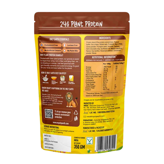 Only Earth Protein Granola | Chocolate | High Protein Breakfast Cereal | 24g Plant Protein | High Fiber | No Added Sugar | Dairy-Free | With Oats, Nuts, Seeds & Dark Chocolate | 350g